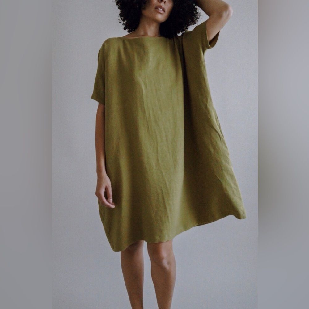 Two Days Off Olivia Dress Linen Blend Short Sleeve Shift Pockets Olive Green OS